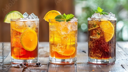 Citrus and soda refreshing drinks closeup image. Garnished with lime, orange. Three tall glasses filled with iced beverages close up photography. Party mocktail concept photo realistic