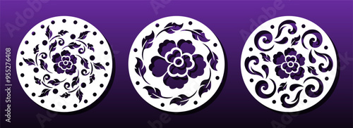 Laser cut mandala coaster with floral pattern. Cutting, engraving, carving for cnc machine. Flower and leaves, circular pattern, diy wall art panel. Vector illustration