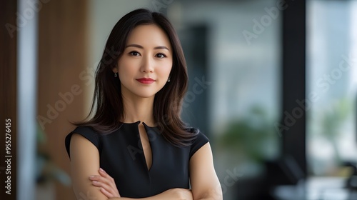 A confident Asian businesswoman in a modern office, power pose, strong gaze, minimalist background Free Download A confident Asian businesswoman in a modern office, power pose, strong gaze, minimalist background - GFXLoad