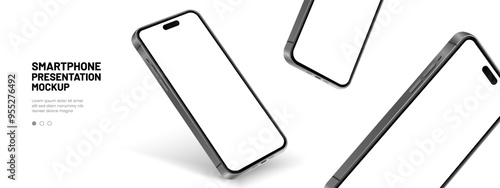 Realistic smartphone mockup. Mobile phone vector with isolated on white background. Device front view. 3D mobile phone with shadow. Realistic, high quality smart phone mockup for ui ux presentation.