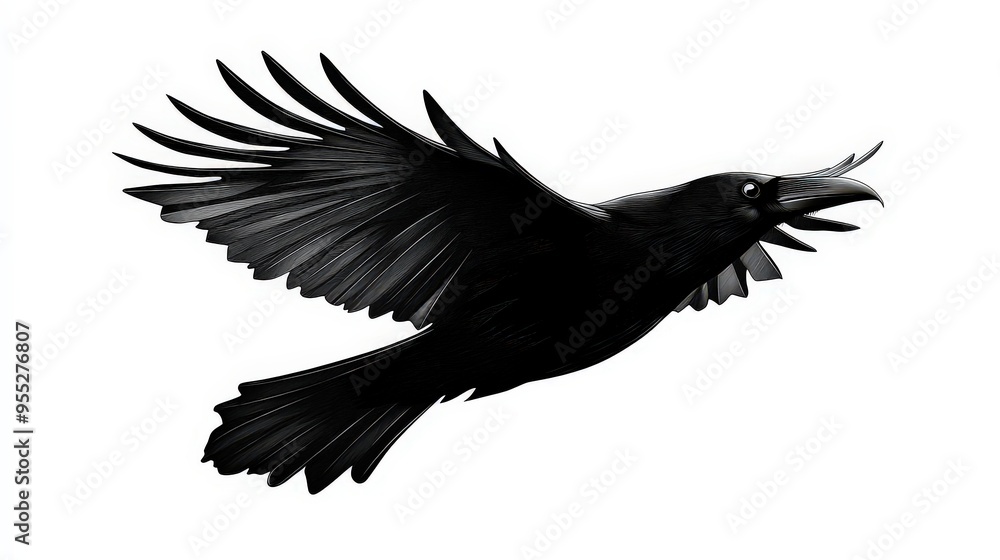 Obraz premium minimalist black ink illustration of a raven with its wings spread wide, showcasing bold contrasts and the grace of this enigmatic bird in flight.