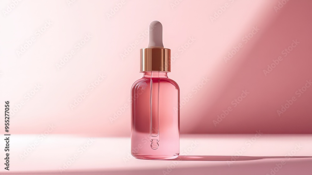 chic pink dropper bottle with a golden cap is displayed on a soft pink background, symbolizing elegance and luxury in skincare or beauty routines. chic pink dropper bottle with a golden cap is displayed on a soft pink background, symbolizing elegance and luxury in skincare or beauty routines.