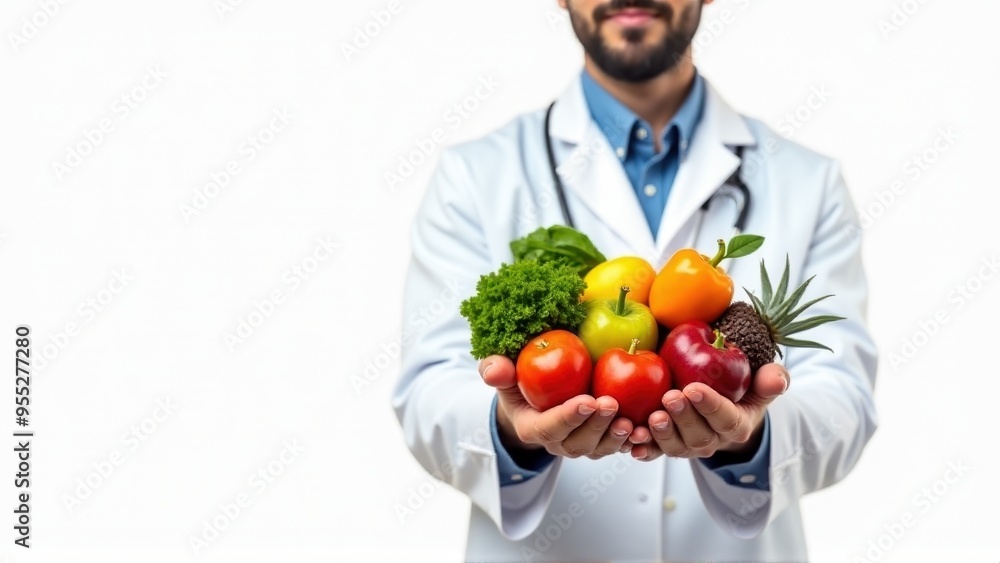 Doctor Promoting Healthy Eating with Fresh Fruits and Vegetables Generative image Ai Doctor Promoting Healthy Eating with Fresh Fruits and Vegetables Generative image Ai
