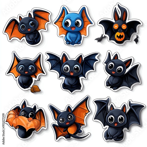 A cute collection of cartoon bat stickers featuring various playful designs and vibrant colors suitable for Halloween.