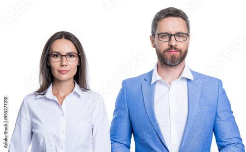 Business vision and success. Vision of success. Successful partnership of businesspeople in suit. Business man and woman look in glasses. Businesspeople represent leadership. Find target audience