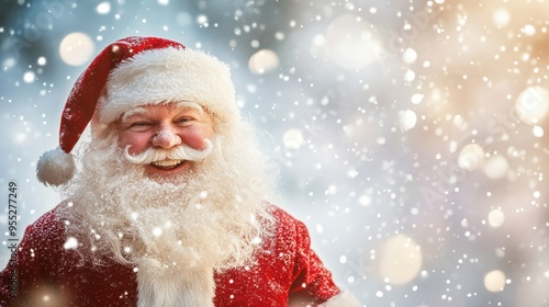 A smiling santa with a red hat and beard