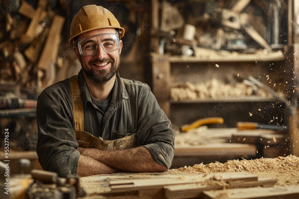 A smiling carpenter wearing a hard hat stands confidently in a woodshop. Tools and wood shavings surround him, showcasing creativity and craftsmanship. Generative AI A smiling carpenter wearing a hard hat stands confidently in a woodshop. Tools and wood shavings surround him, showcasing creativity and craftsmanship. Generative AI