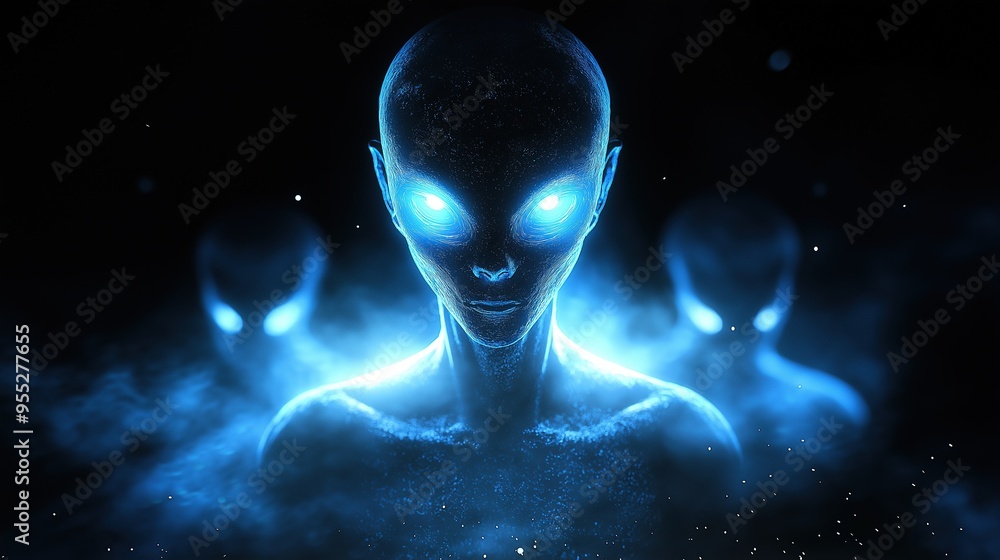 Illustration of glowing blue alien faces with bright eyes in a dark, mysterious atmosphere Illustration of glowing blue alien faces with bright eyes in a dark, mysterious atmosphere