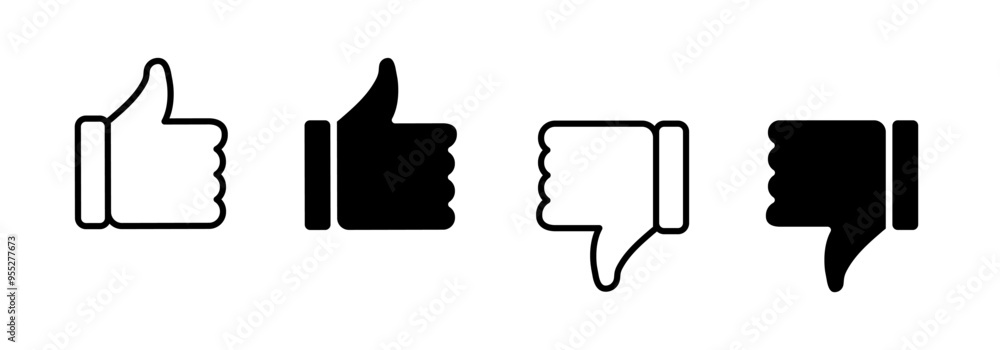 Like and dislike icon set vector. Thumbs up and thumbs down button symbol black outline, flat solid icon for mobile, web, feedback, rating concept Like and dislike icon set vector. Thumbs up and thumbs down button symbol black outline, flat solid icon for mobile, web, feedback, rating concept