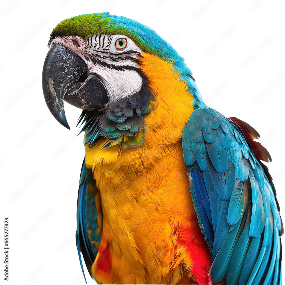Close-up of colorful macaw parrot on white Close-up of colorful macaw parrot on white