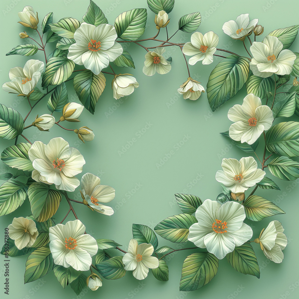 Obraz premium A white flower wreath with green leaves and white flowers