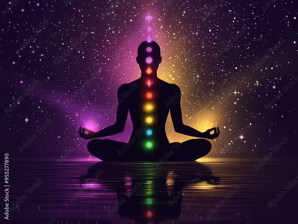 Silhouette of a Person Meditating with Chakras and Stars. Silhouette of a Person Meditating with Chakras and Stars.