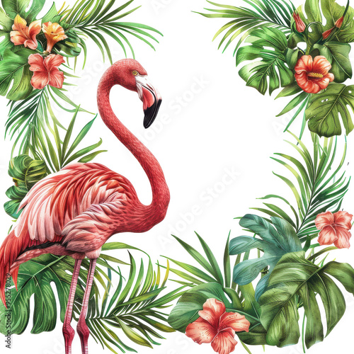 Flamingo surrounded by tropical leaves and flowers