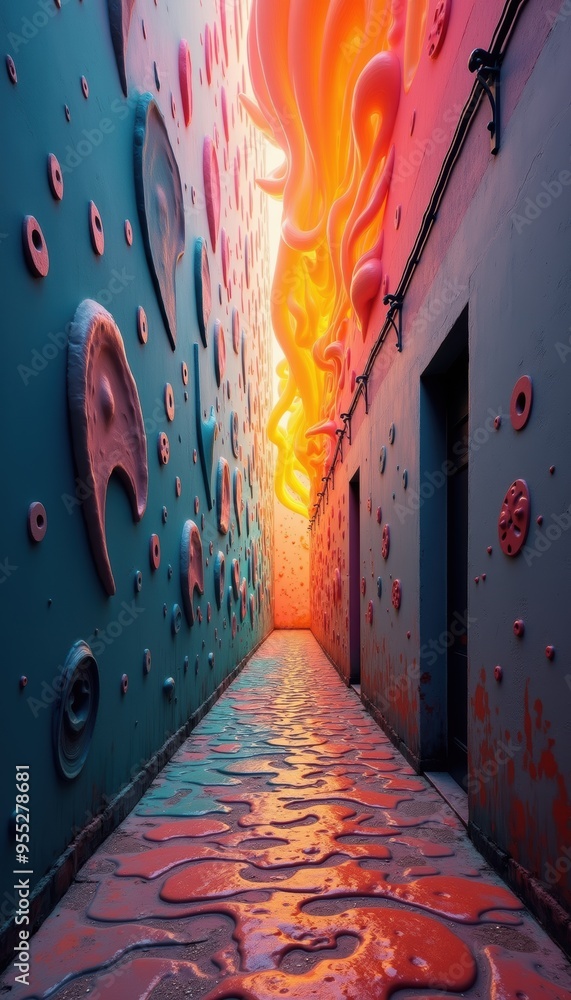 Fototapeta premium A vibrant, surreal hallway illuminated by warm hues, featuring organic shapes and textures, perfect for creative projects in art, design, or conceptual themes.