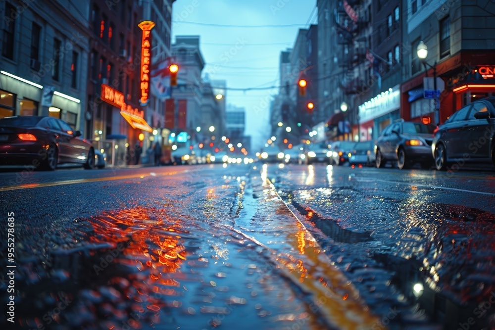 A bustling urban street scene captured in the evening with wet reflections of lights on the pavement, showcasing the vibrant energy of city life A bustling urban street scene captured in the evening with wet reflections of lights on the pavement, showcasing the vibrant energy of city life