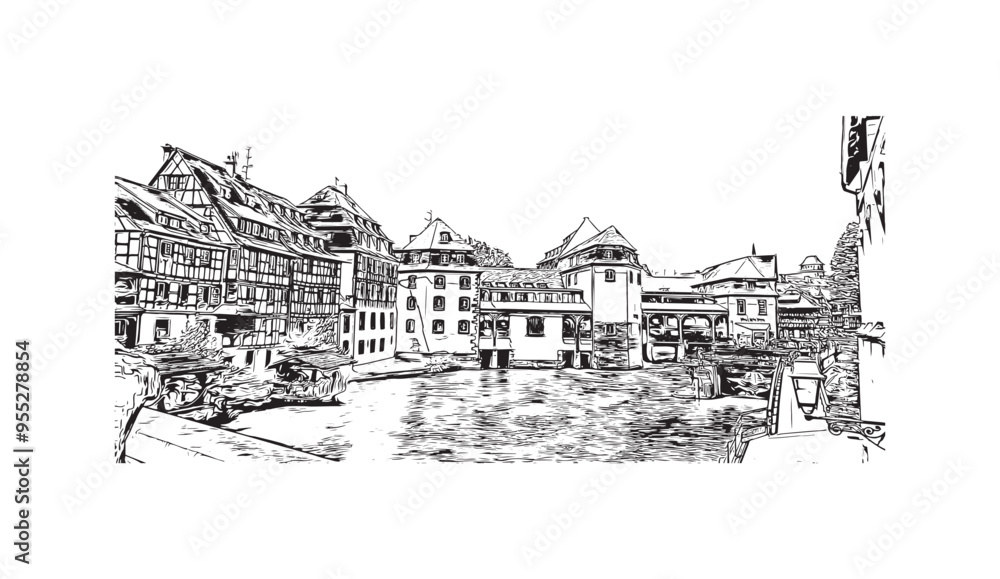 Building view with landmark of Strasbourg is the city in France. Hand drawn sketch illustration in vector. Building view with landmark of Strasbourg is the city in France. Hand drawn sketch illustration in vector.