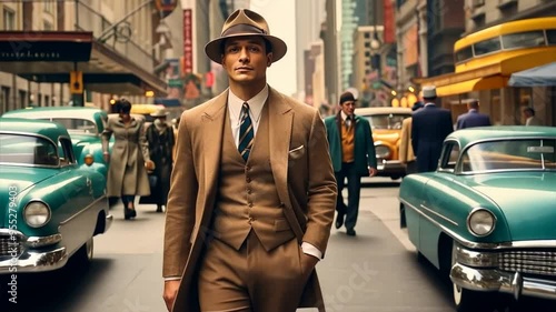 A man in old fashion gangster style surrounded by people, cinematic shot,