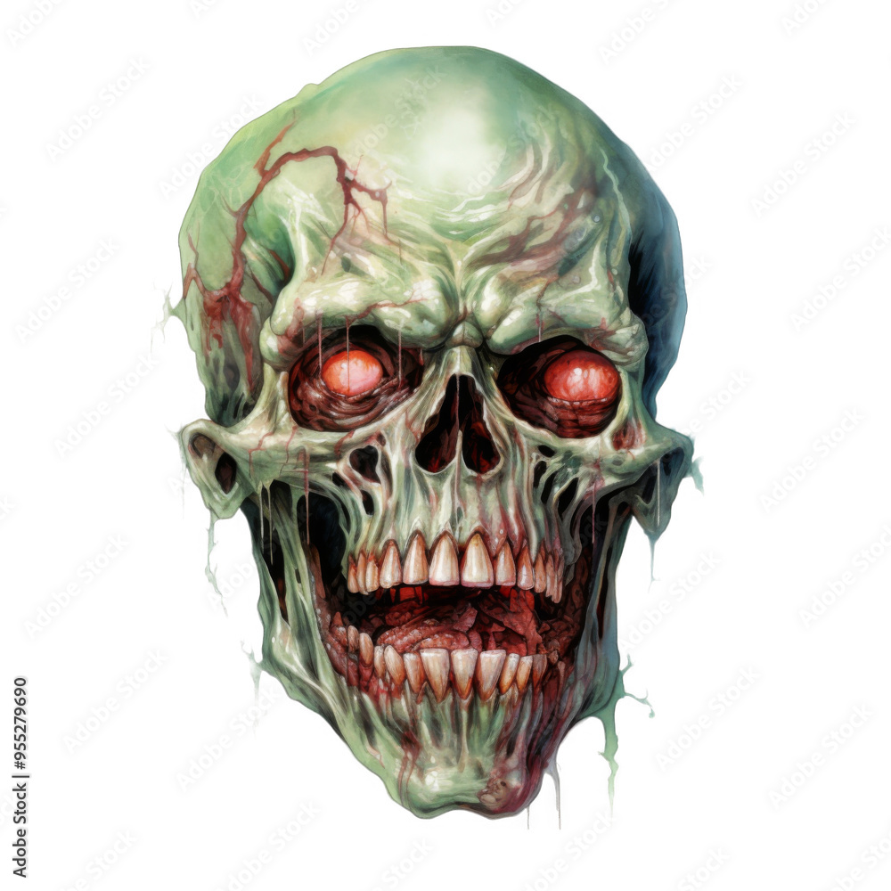 Fototapeta premium A Grotesque Depiction of a Decaying, Rotting Skull with Red Eyes