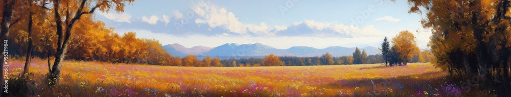 Fototapeta premium Scenic Wildflower Field with Distant Mountain Range in View