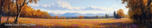 Scenic Wildflower Field with Distant Mountain Range in View