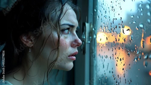 Rainy Night Reflections: Sad Woman Crying by the Window, Depicting Loneliness and Heartbreak After a Break-Up