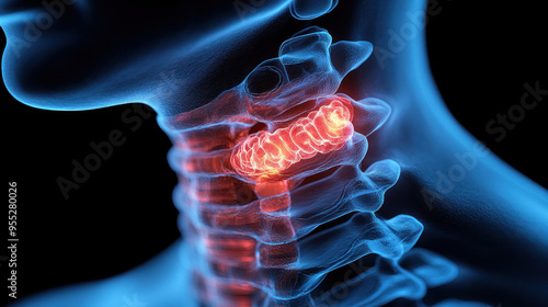 Medical illustration of a swollen thyroid gland in the neck, highlighting the gland size photo