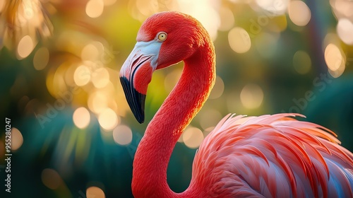 vibrant flamingo in soft, golden light, highlighting its striking pink feathers and elegant profile, embodying the beauty and grace of this iconic bird.