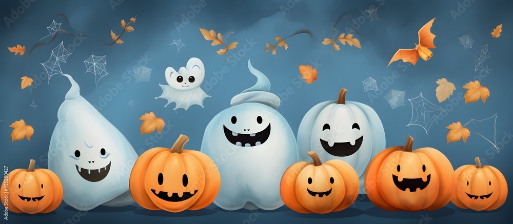 Blue Halloween background with smiling pumpkins and ghosts Blue Halloween background with smiling pumpkins and ghosts