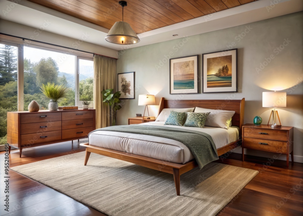 Fototapeta premium Rich, warm walnut tones dominate this tranquil bedroom suite, complete with vintage pieces from the 1950s and striking
