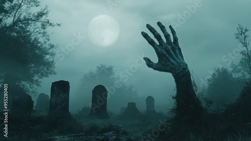 A zombie hand is reaching out in the dark, with a full moon in the background