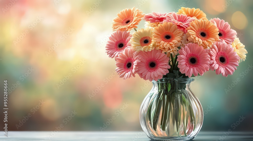 vibrant bouquet of orange and pink gerbera daisies in a glass vase set against a softly blurred background, creating a lively yet serene spring composition. vibrant bouquet of orange and pink gerbera daisies in a glass vase set against a softly blurred background, creating a lively yet serene spring composition.