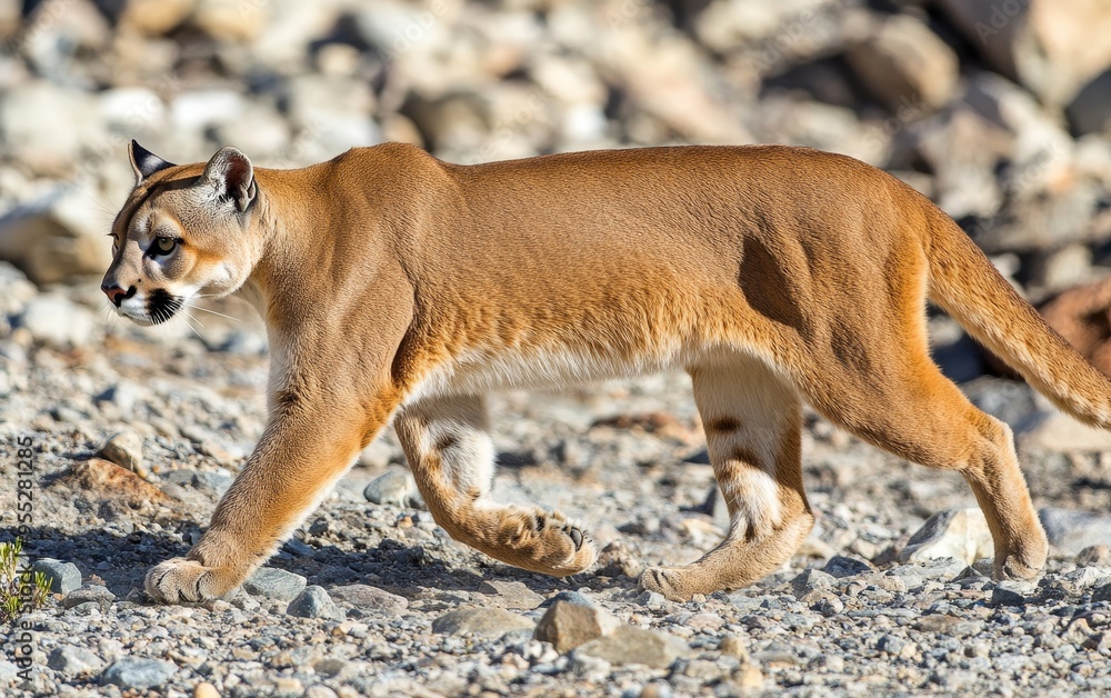 Obraz premium A sleek mountain lion traverses a rocky, arid landscape, its muscular body and intense gaze capturing the essence of this powerful predator in its natural habitat