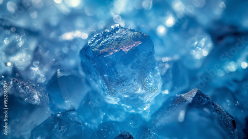 A close up of ice cubes with a blue background