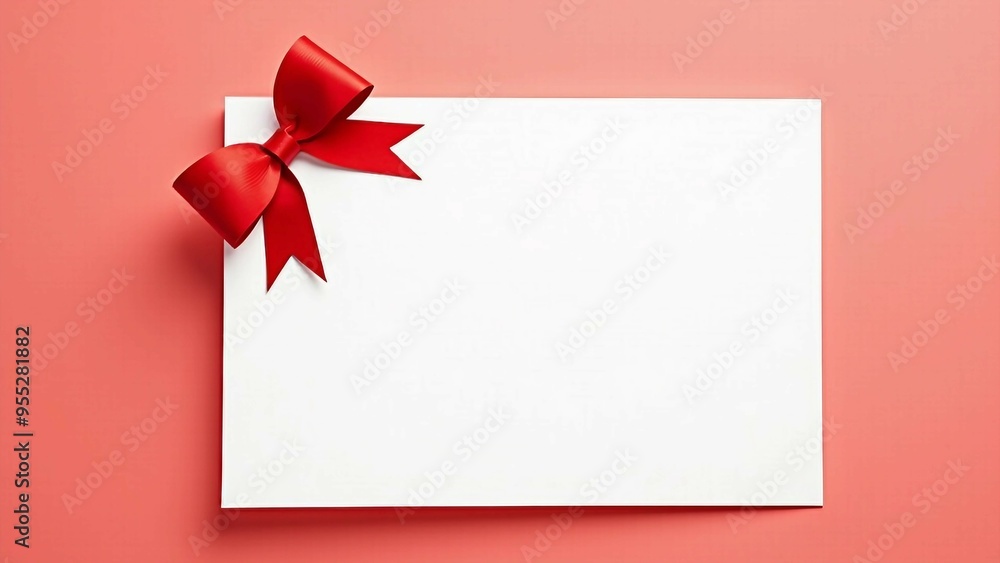 Blank Card with Red Ribbon and Bow on Pink Background Blank Card with Red Ribbon and Bow on Pink Background