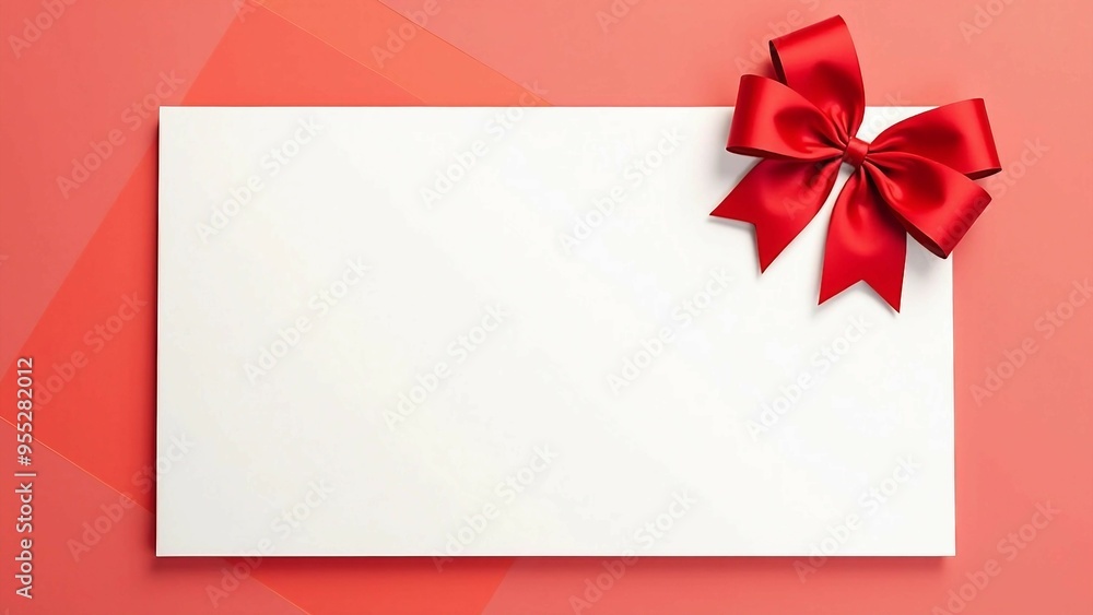 Blank Card with Red Ribbon and Bow on Pink Background