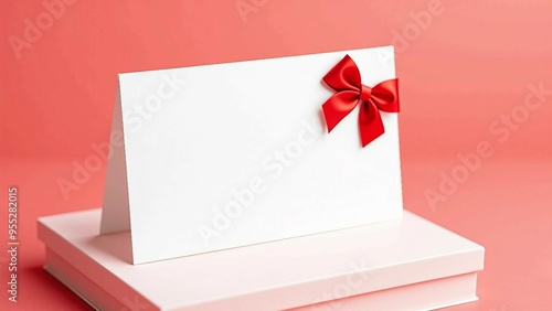 Blank Card with Red Ribbon and Bow on Pink Background