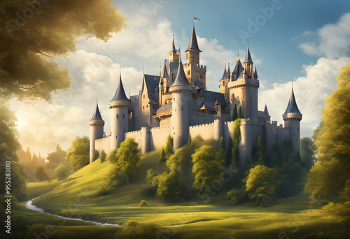 Enchanting image of a majestic castle surrounded by many trees and a river, generative AI