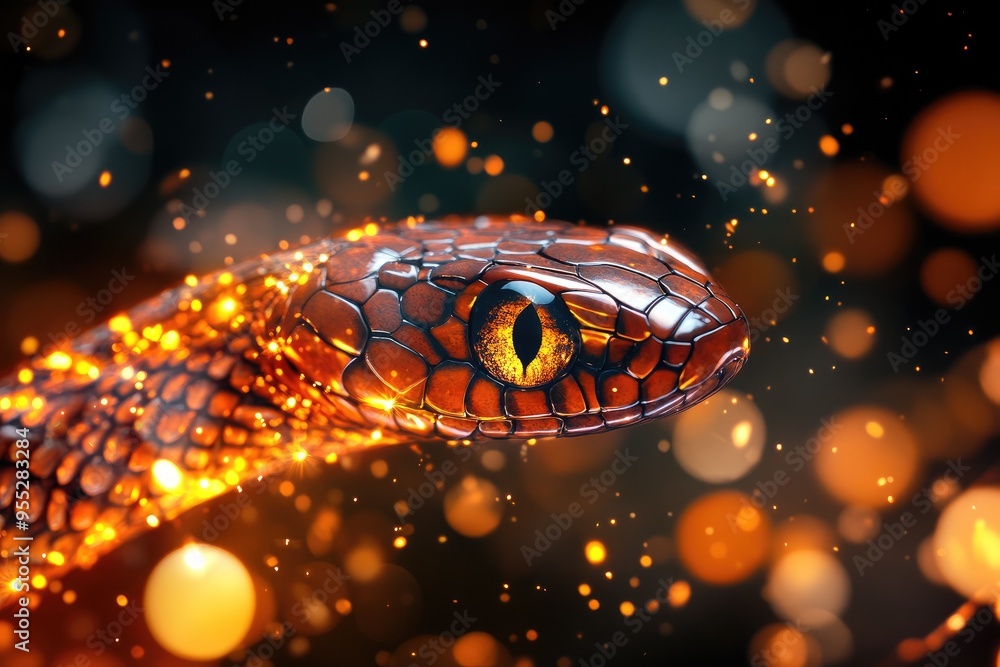A close-up of a striking snake with shimmering scales and vibrant eye, set against a blurred background of glowing orbs. A close-up of a striking snake with shimmering scales and vibrant eye, set against a blurred background of glowing orbs.