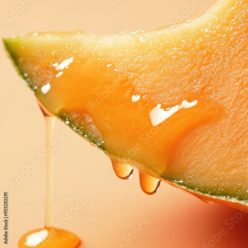 A close-up of a juicy melon slice with sweet nectar dripping down, highlighting its freshness and vibrant color.