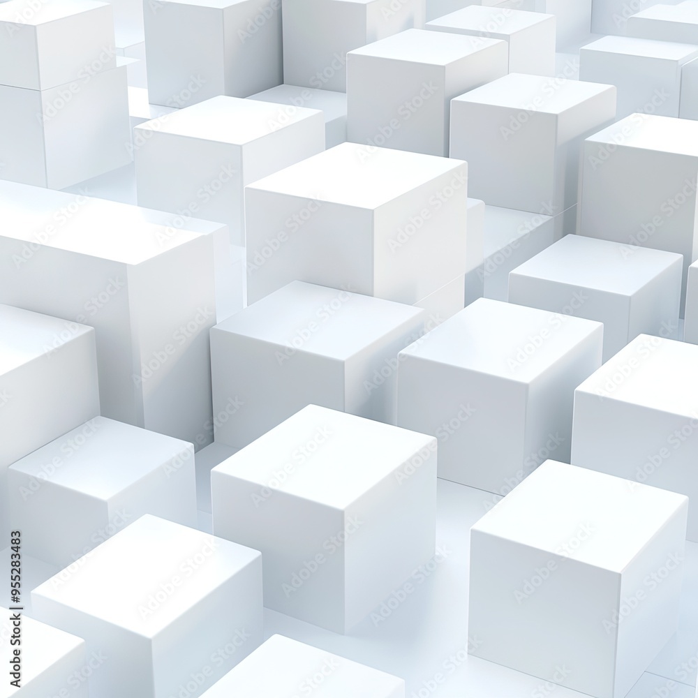 A minimalistic scene featuring numerous white cubes on a light surface, creating a modern and abstract geometric composition. A minimalistic scene featuring numerous white cubes on a light surface, creating a modern and abstract geometric composition.