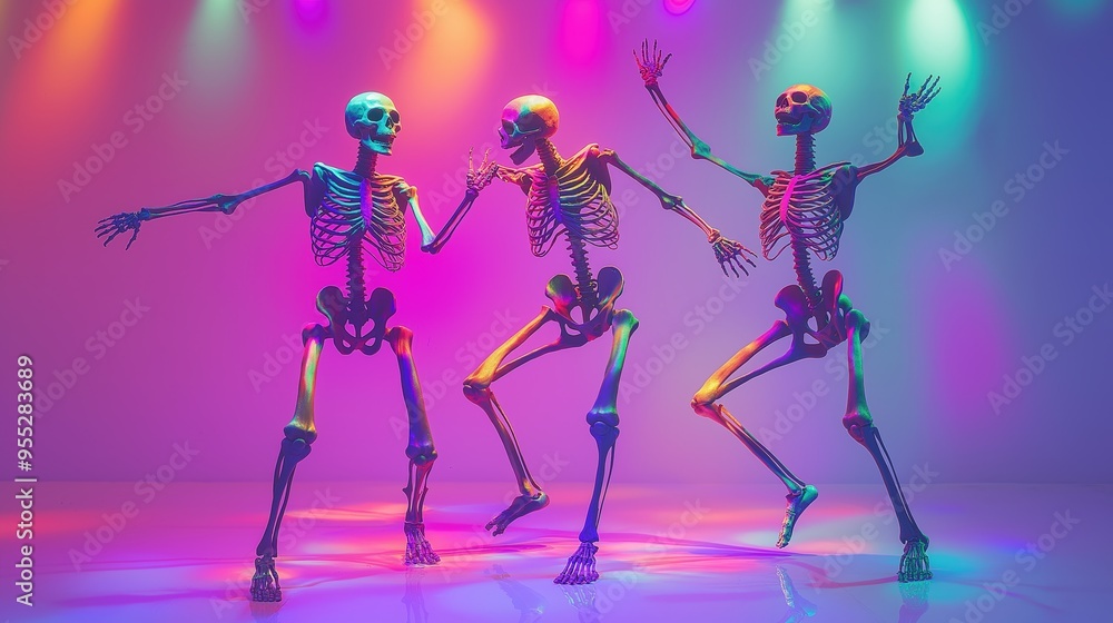 Vibrant Skeleton Disco Under Neon Party Lights Vibrant Skeleton Disco Under Neon Party Lights
