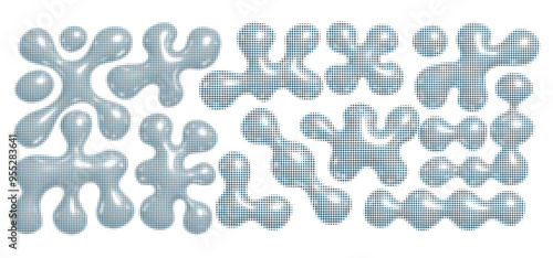 3d chrome metal organic fluid shapes set in dotted halftone style. Abstract liquid mercury metallic icon. 3d rendering aluminum gradient shape element isolated. Brutalist. 3D Vector Illustration