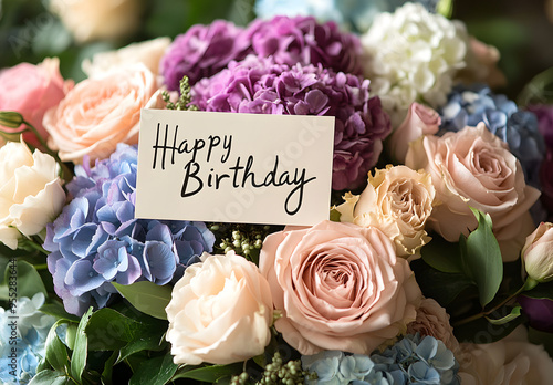 “A Bouquet of Roses, Hydrangeas, and Peonies with a ‘Happy Birthday’ Card, Representing Celebration, Love, and Festive Joy, Perfect for Themes of Birthday Wishes, Floral Arrangements, and Special Occa photo