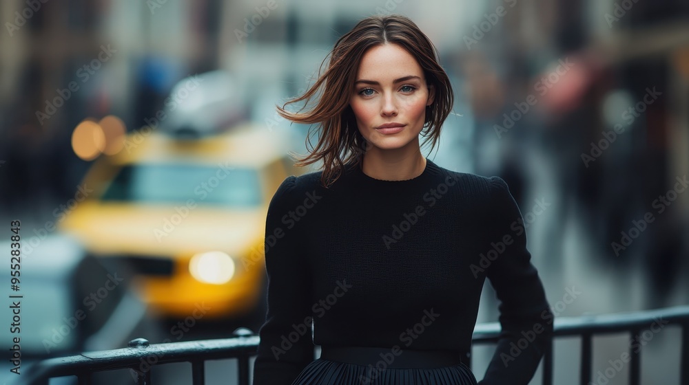 A stylish woman in a black outfit stands in an urban street with a yellow taxi behind her, capturing the essence of city life and modern fashion in a dynamic setting. A stylish woman in a black outfit stands in an urban street with a yellow taxi behind her, capturing the essence of city life and modern fashion in a dynamic setting.