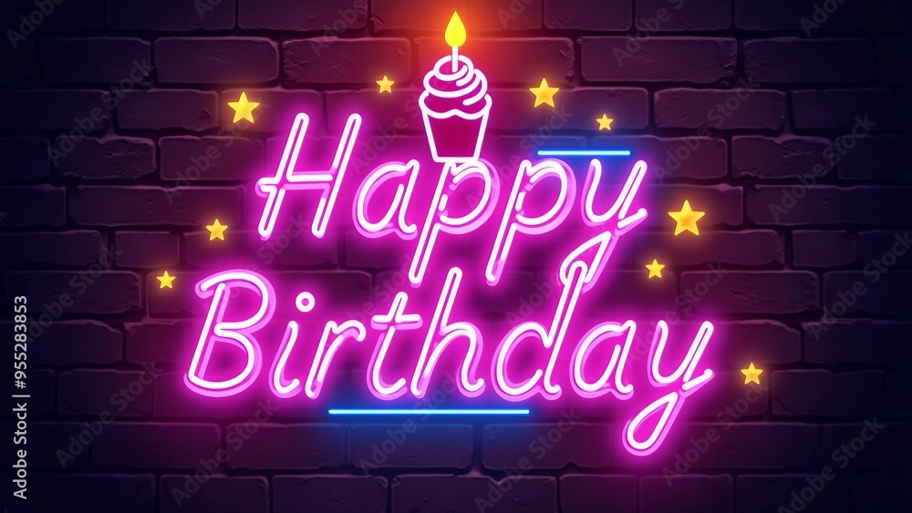 Neon Happy Birthday Sign with Cupcake and Stars Neon Happy Birthday Sign with Cupcake and Stars