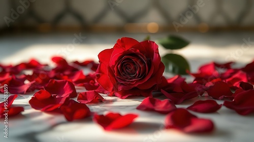 elegant valentines display white marble surface strewn with deep red rose petals single longstemmed rose soft diffused lighting gold accents photo