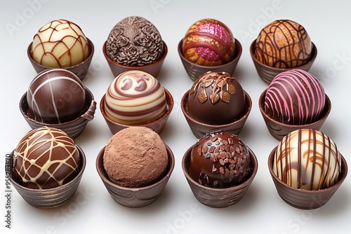 Row of chocolate truffles in various shapes and sizes on white background