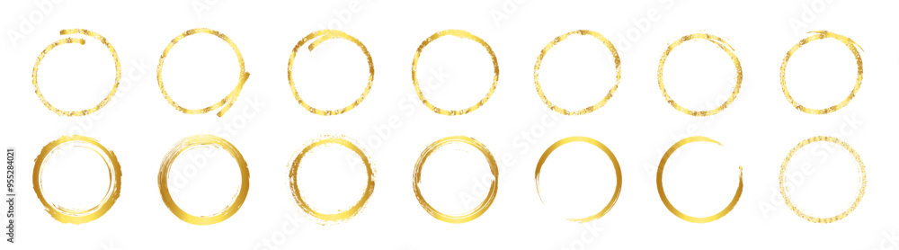 Set different circle brush strokes isolated, hand drawn paint brush circle logo gold frame. Brush circle. Grunge style. Set different circle brush strokes isolated, hand drawn paint brush circle logo gold frame. Brush circle. Grunge style.