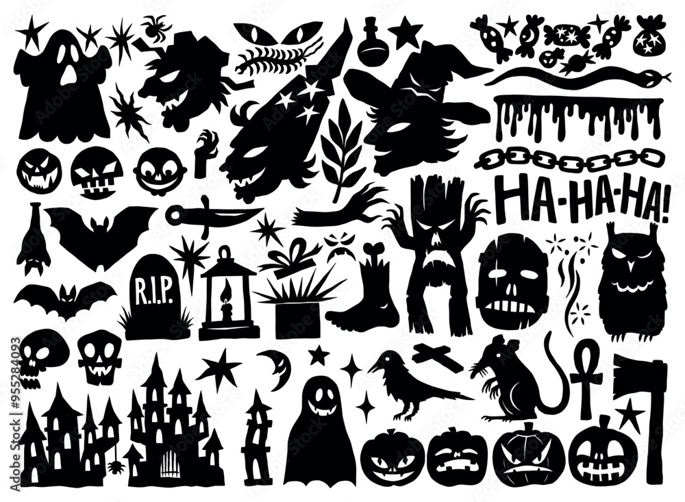 Obraz premium Halloween icons. Black silhouette horror monsters. Spooky bat. Autumn tree. Scary ghost. Pumpkin decoration. RIP grave. Witch face. Ghost and zombie. Trick or treat. Vector symbols set