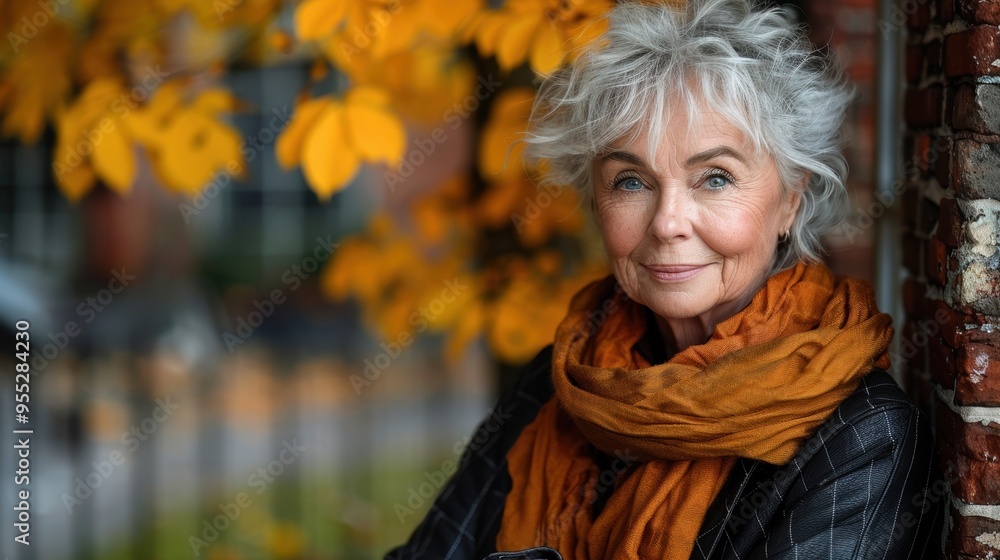 An elderly woman with short, gray hair and a warm, friendly smile stands against a brick wall with a backdrop of vibrant autumn foliage An elderly woman with short, gray hair and a warm, friendly smile stands against a brick wall with a backdrop of vibrant autumn foliage
